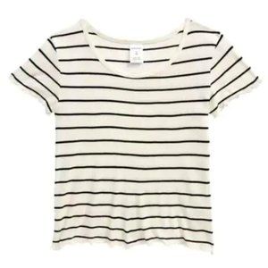 Nordstrom Girls' Ivory & Black Striped Ribbed Cropped Short Sleeve T-Shirt